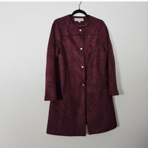 Women's Burgundy Long Coat - Suede-Look Button Front Sz M